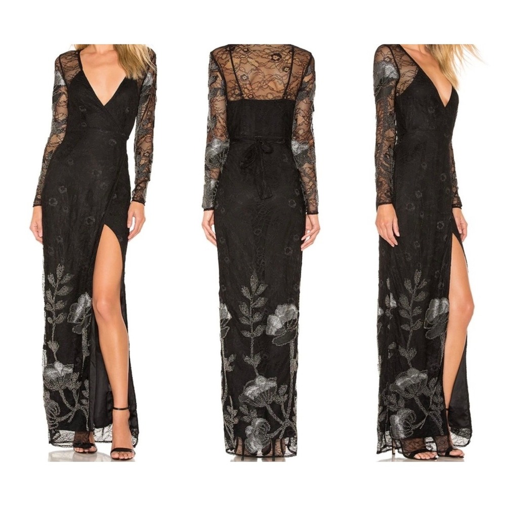 Michael Costello x REVOLVE Black Lace Beaded Maxi Dress XXS Wrap V-Neck Formal